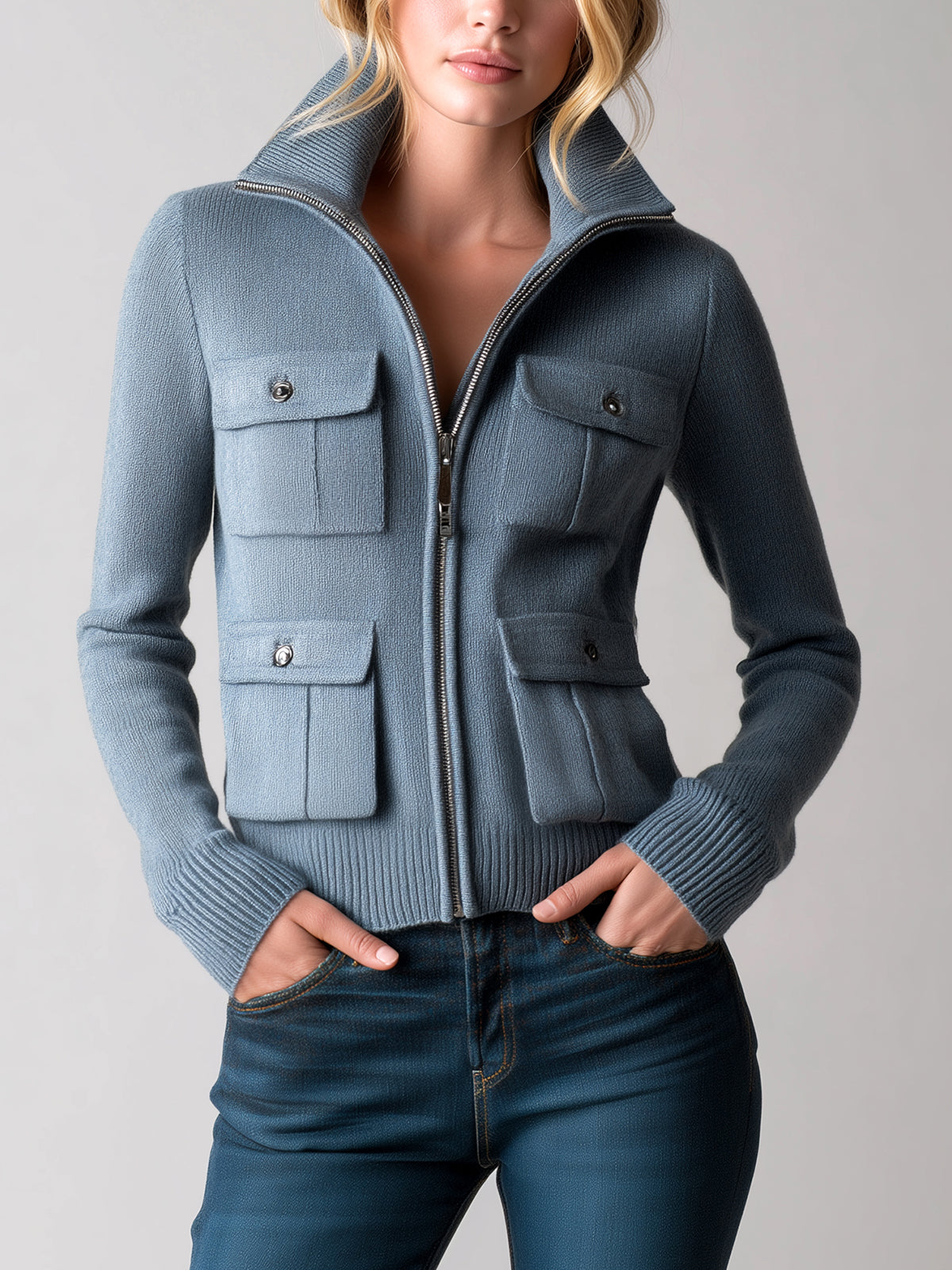 ElevenOra Chic Vintage Gray Blue Lapel Multi-Pocket Zipper Short Sophisticated Knit Cardigan