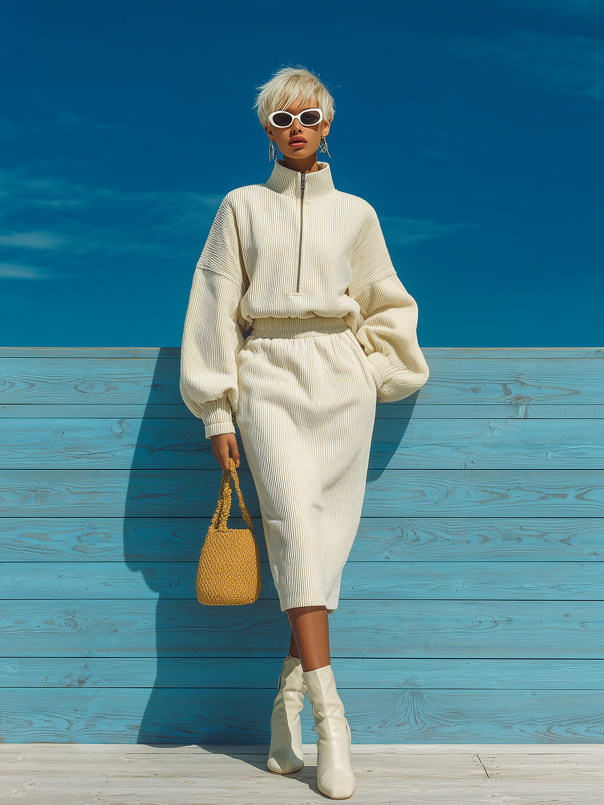 ElevenOra Chic Casual Cream White Corduroy Zip-Up Stand Collar Oversized Sweatshirt Elastic Waist Midi Skirt Two-Piece Set