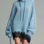 ElevenOra Chic Casual Baby Blue Hooded Long Sleeve Contrast Lace Patchwork Oversized Knit Mini Dress