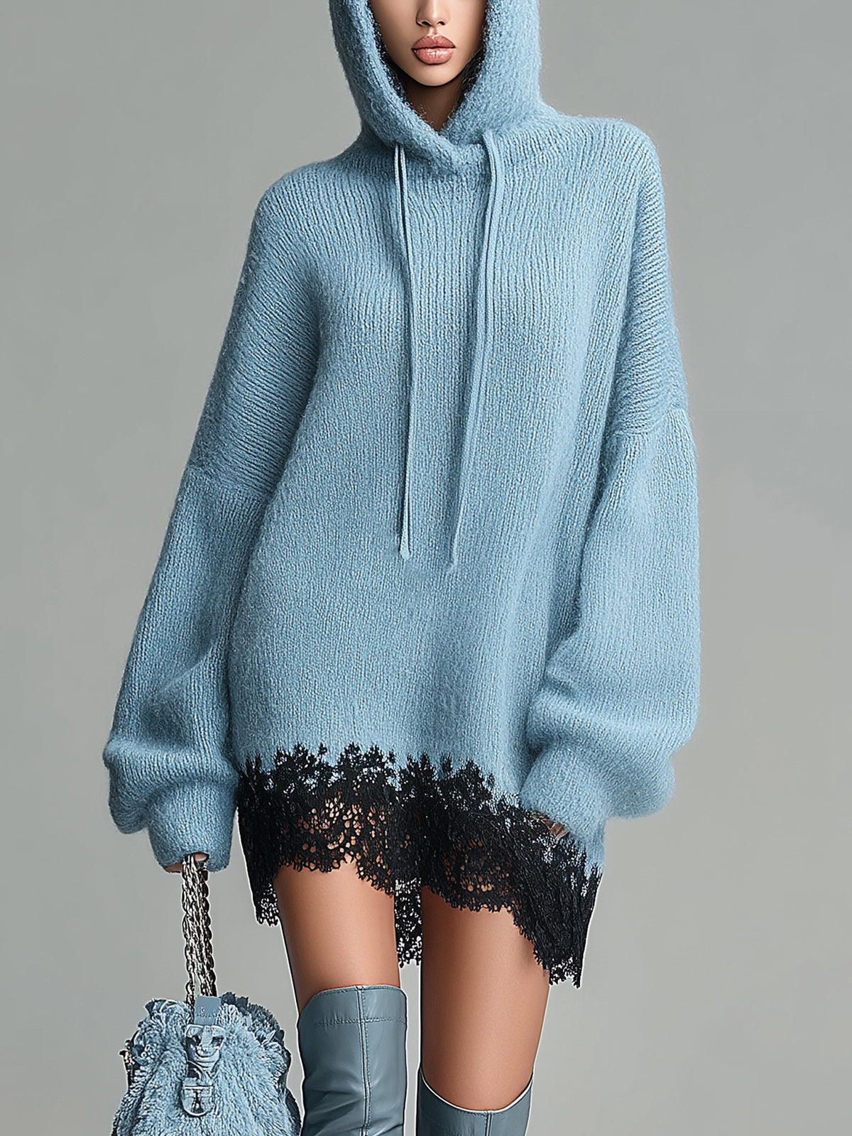 ElevenOra Chic Casual Baby Blue Hooded Long Sleeve Contrast Lace Patchwork Oversized Knit Mini Dress