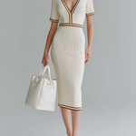 ElevenOra Stylish  Elegant White V-Neck Short-Sleeve Color-Block Ribbed Slim-Fit Knit Dress