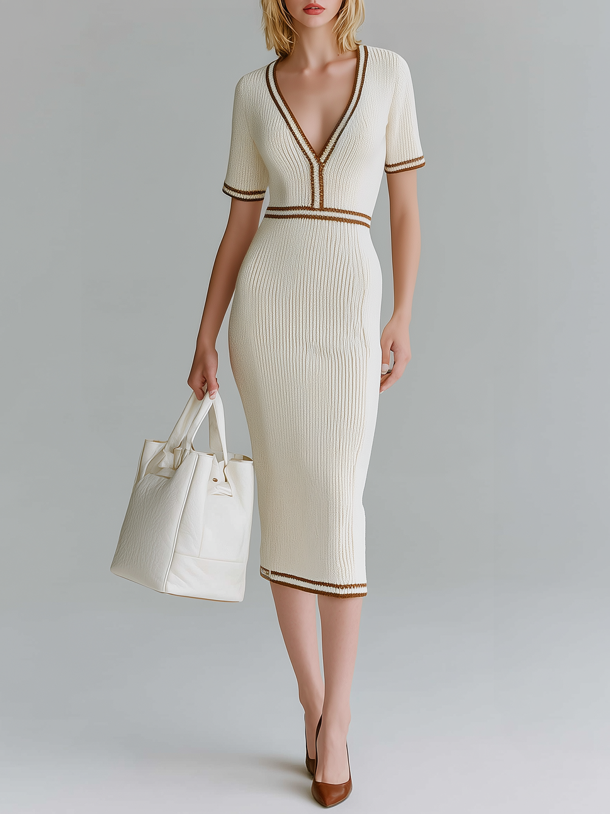 ElevenOra Stylish  Elegant White V-Neck Short-Sleeve Color-Block Ribbed Slim-Fit Knit Dress