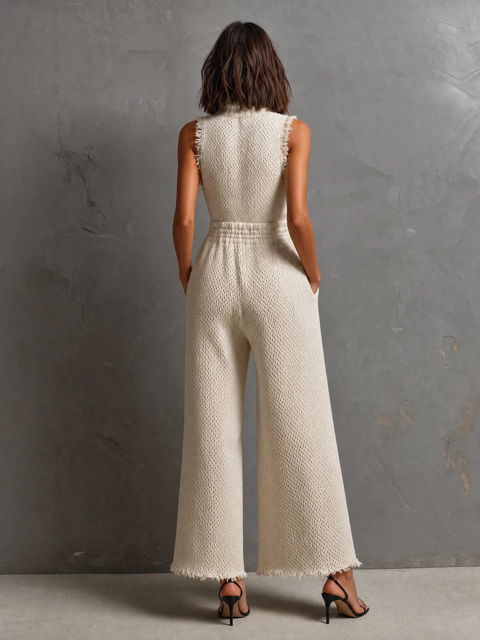 ElevenOra Chic Elegant Cream White Stand Collar Half Zip Frayed Edge Sleeveless Elastic-Waist Loose-Fit Knit Jumpsuit