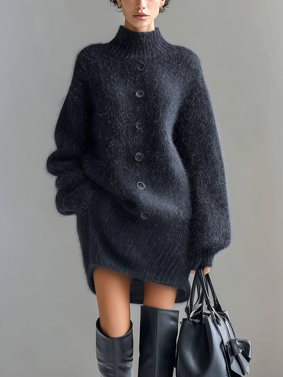 ElevenOra Chic Vintage Black Mock Neck Long Lantern Sleeve Button-Front Oversized Knit Mini Dress