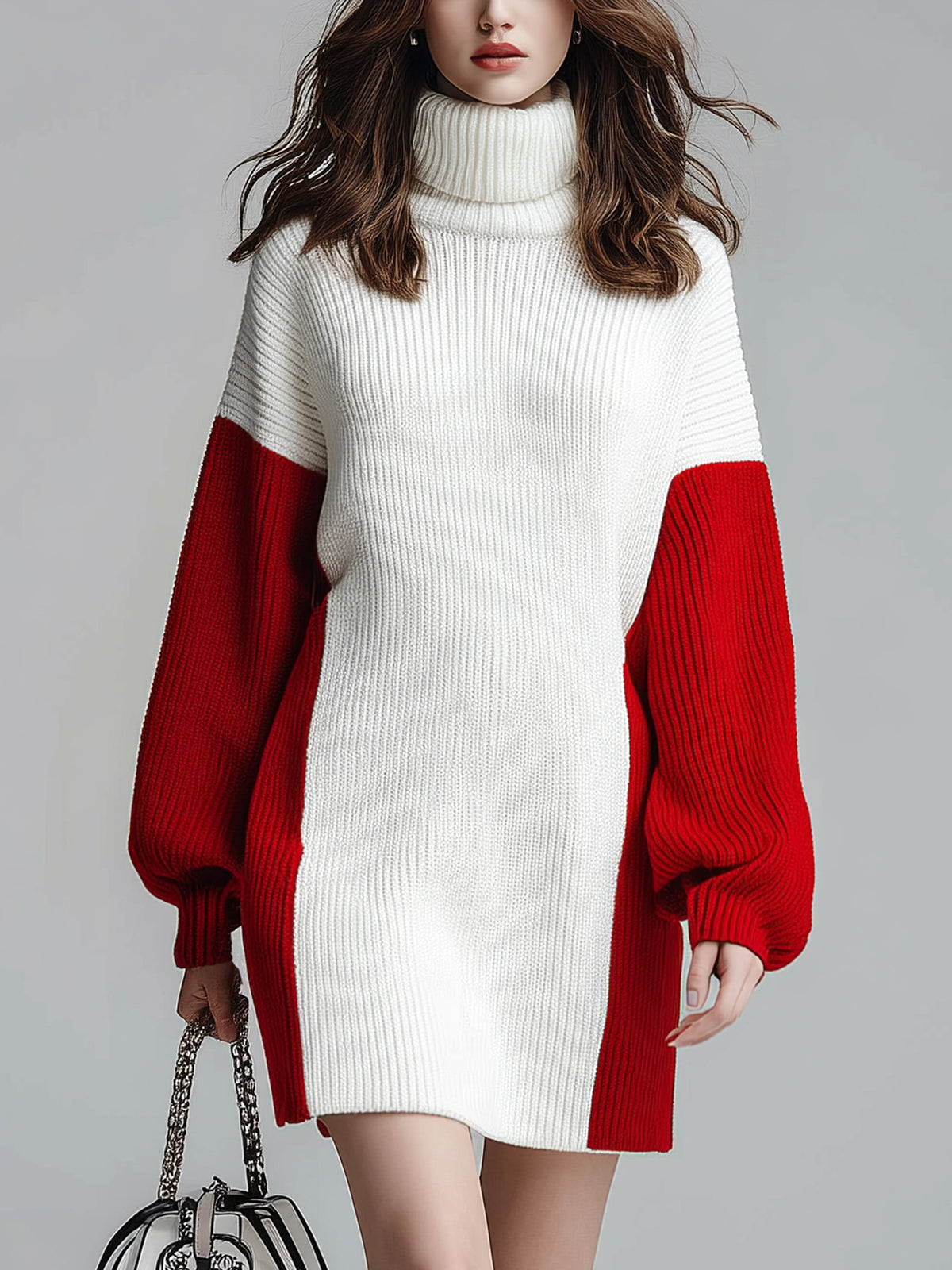 ElevenOra Chic Elegant Turtle Neck Oversized Long Lantern Sleeve Colorblock Knit Mini Dress