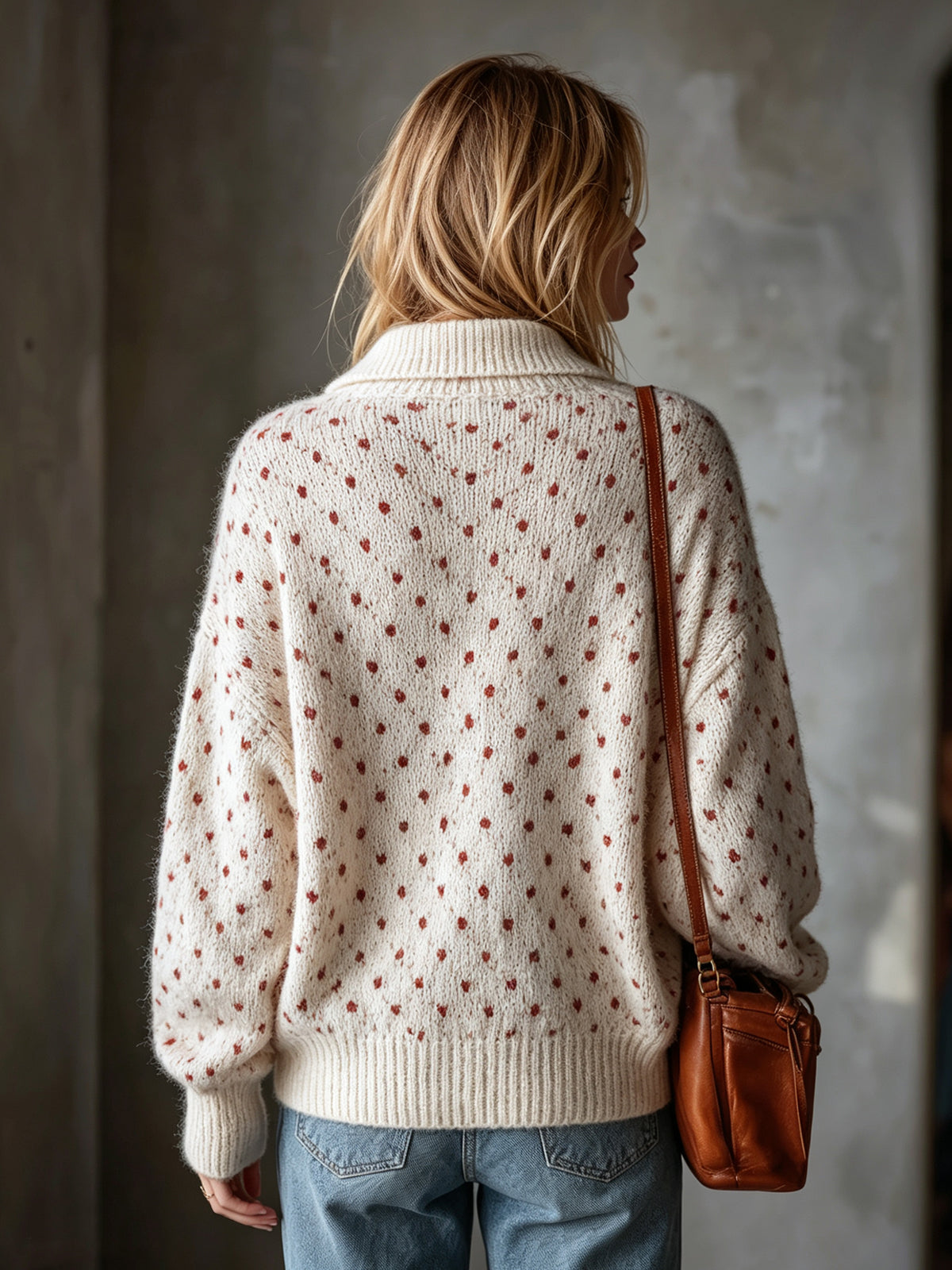 ElevenOra Chic Elegant Beige-Red Polka Dots Jacquard Lapel V-Neck Button-Front Long-Sleeve Loose-Fit Soft Mohair Blend Knit Sweater