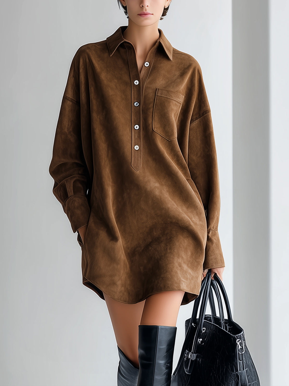 ElevenOra Chic Vintage Brown Faux Suede Lapel Button-Front Patch Pocket Long Sleeve Oversized Mini Dress