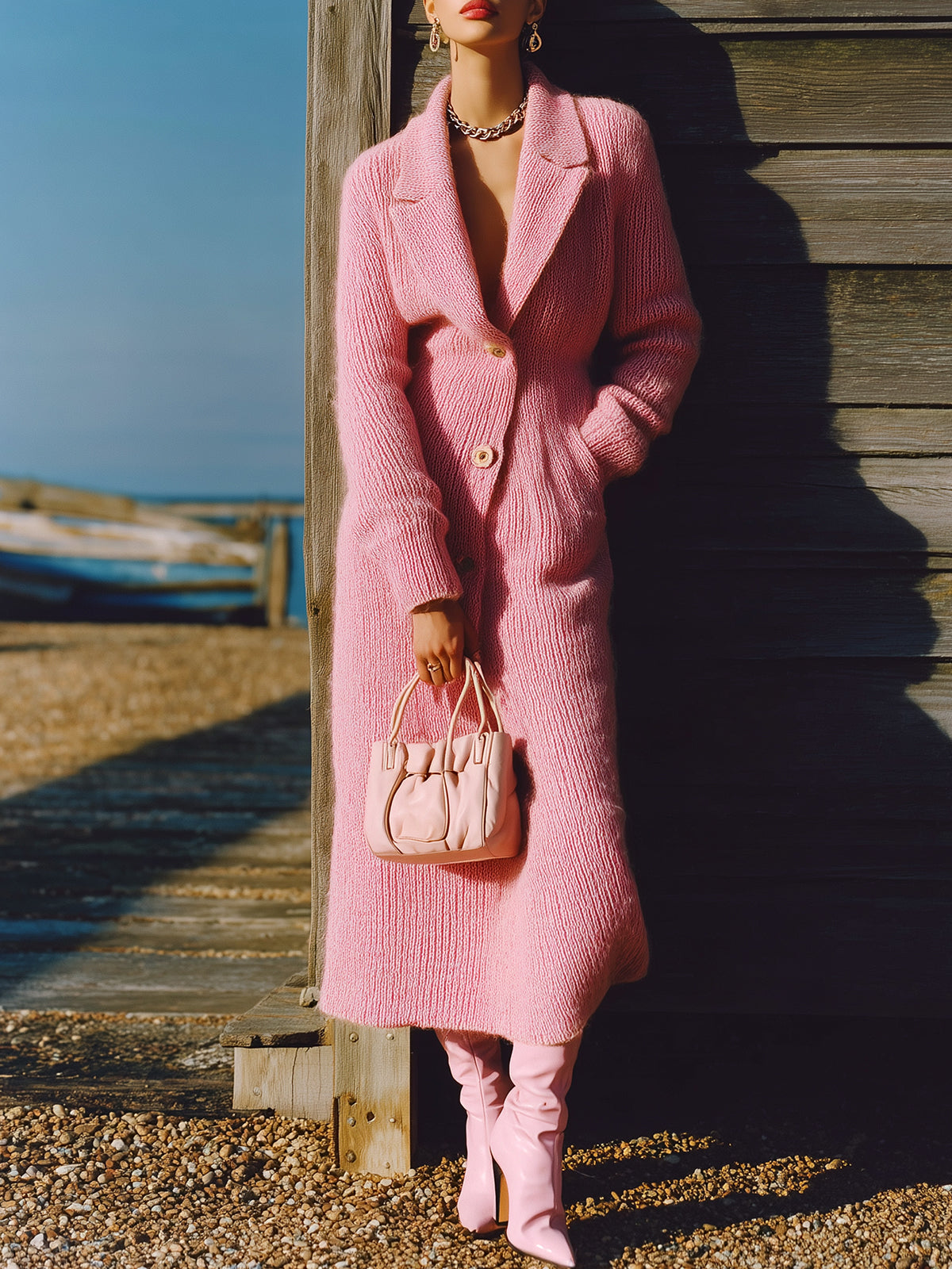 ElevenOra Stylish Elegant Pink Blazer Collar Single-breasted Slim-fit Long-sleeved Knit Maxi Dress