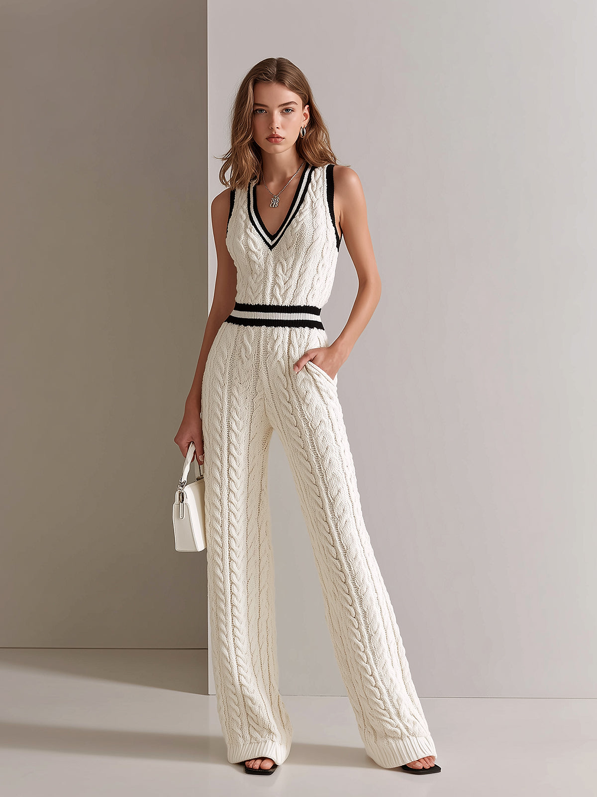 ElevenOra Chic Elegant Cream White V-Neck Sleeveless Contrast Trim Detail Elastic-Waist Loose-Fit Cable Knit Jumpsuit