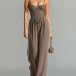 ElevenOra Chic Elegant Brown V-Neck Sleeveless Thin Straps Tailored Waist Wide-Leg Ribbed Knit Jumpsuit