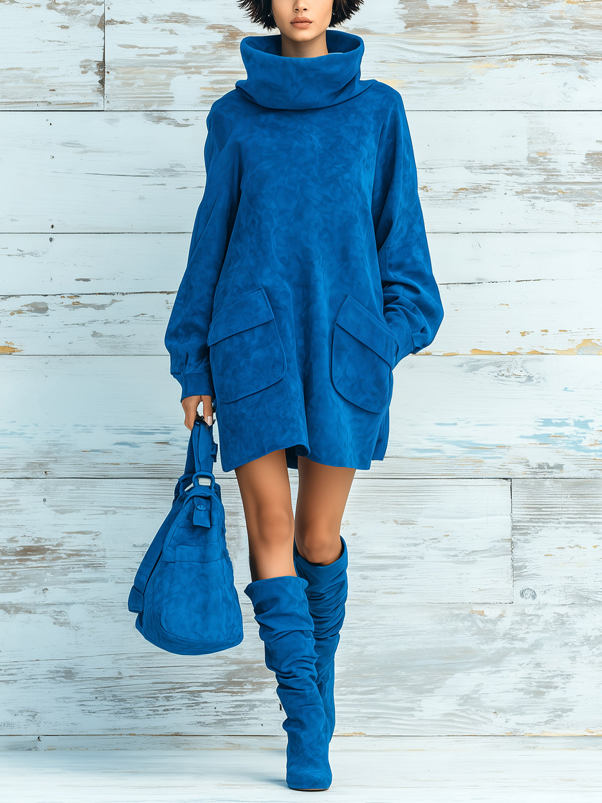 ElevenOra Chic Elegant Royal Blue Faux Suede Oversized Turtleneck Long Lantern Sleeve Patch Pocket Mini Dress