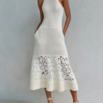 ElevenOra Chic Elegant Cream White Mock Neck Sleeveless Tailored Waist Lace Patchwork A-Line Mesh Knit Midi Dress