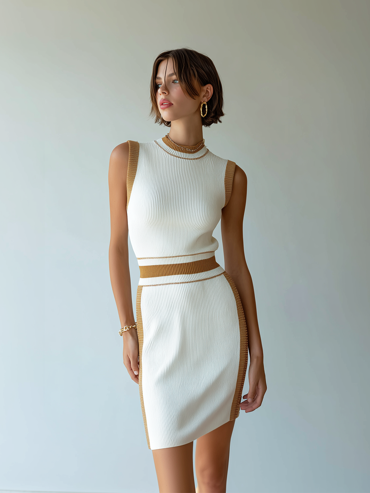 ElevenOra Chic Elegant White Round Collar Contrast Trim Sleeveless Slim-Fit Ribbed Knit Mini Dress