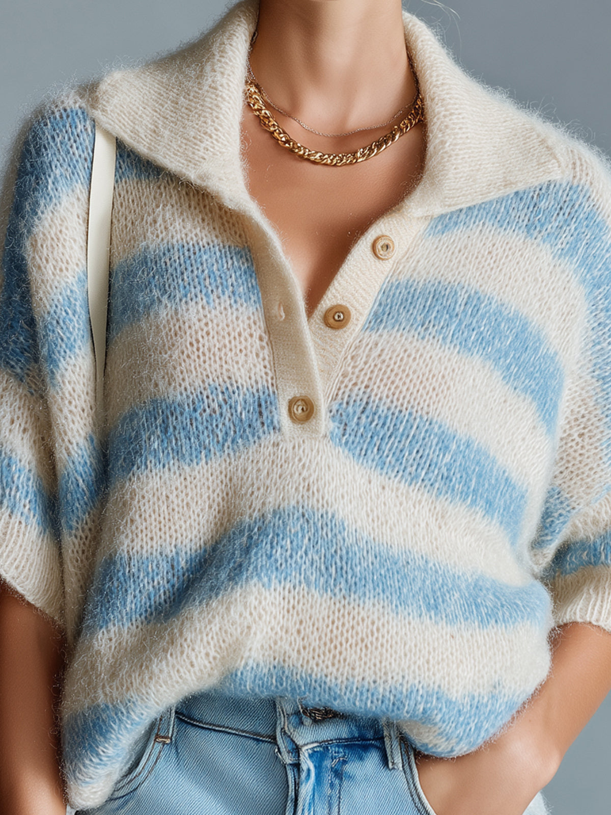 ElevenOra Chic Casual Blue White Stripes Button-Up Lapel Collar Short-Sleeve Loose-Fit Fuzzy Mohair Knit Sweater Top