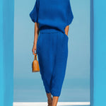ElevenOra Chic Elegant Royal Blue Boat Neck Short-Sleeve Loose-Fit Sweater And Bodycon Midi Skirt Ribbed Knit Two-Piece Set