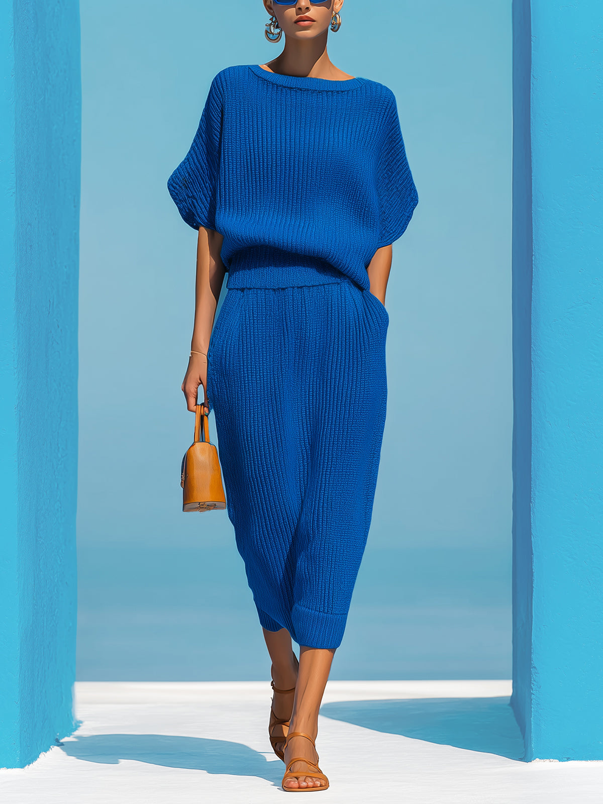 ElevenOra Chic Elegant Royal Blue Boat Neck Short-Sleeve Loose-Fit Sweater And Bodycon Midi Skirt Ribbed Knit Two-Piece Set
