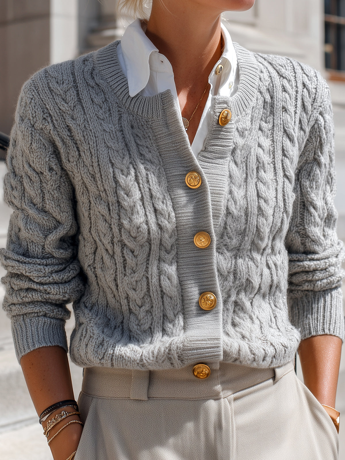ElevenOra Casual Chic Light Gray Cable Knit Crew Neck Gold Button Cropped Cardigan