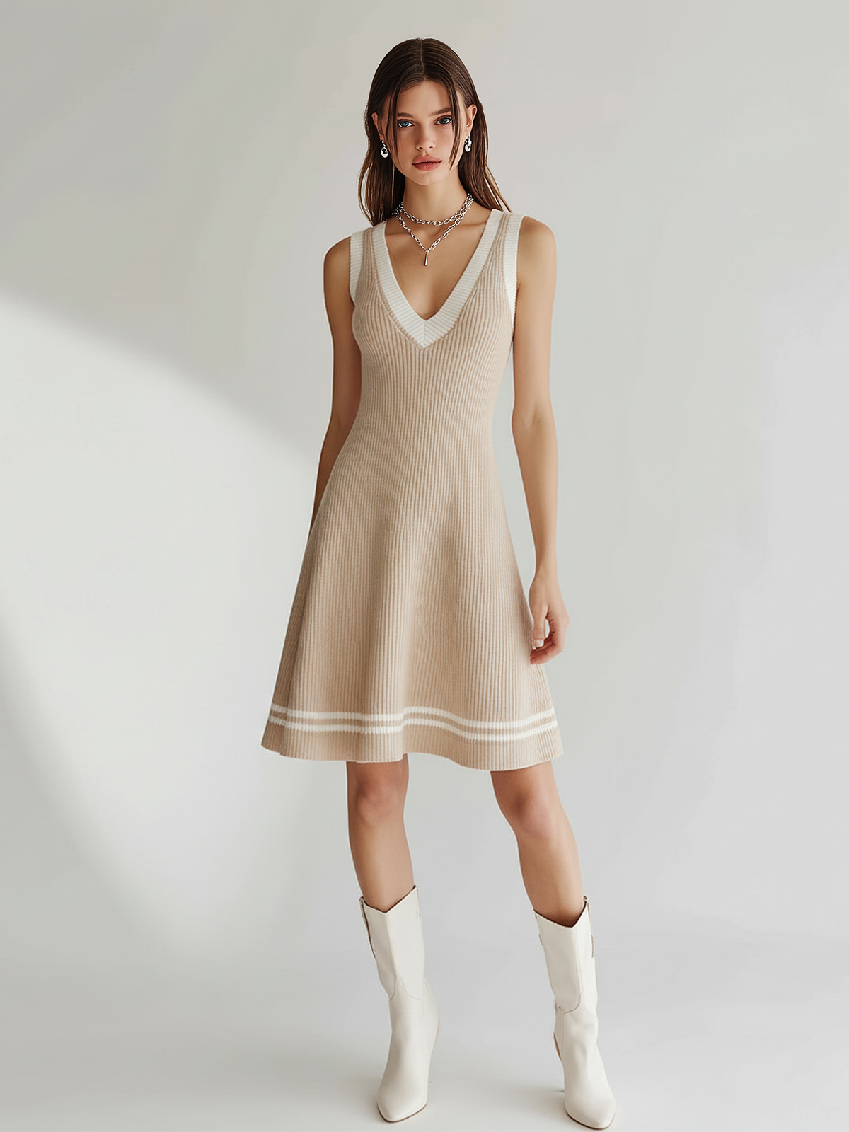 ElevenOra Chic Elegant Camel V-Neck Sleeveless Contrast Trim Tailored Waist A-Line Knit Mini Dress