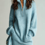 ElevenOra Chic Casual Blue Stand Collar Zipper-Front Long Sleeve Oversized Fuzzy Knit Mini Dress