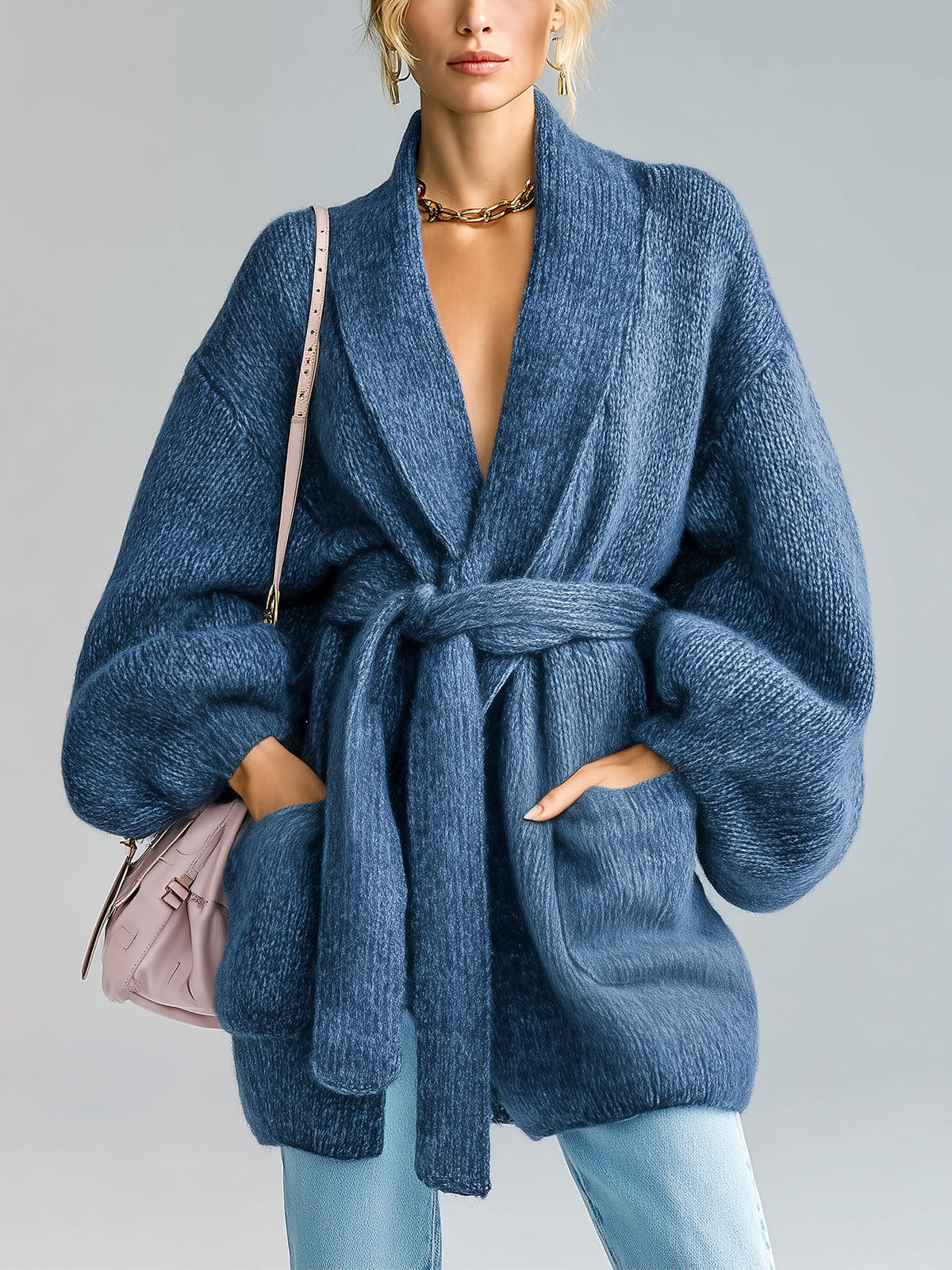 ElevenOra Chic Vintage Navy Lantern Sleeve Tie Waist Patch Pocket Oversized Knit Mid-Length Cardigan