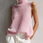 ElevenOra Chic Elegant Pink Mock Neck Sleeveless Loose-Fit Ribbed Knit Vest Top