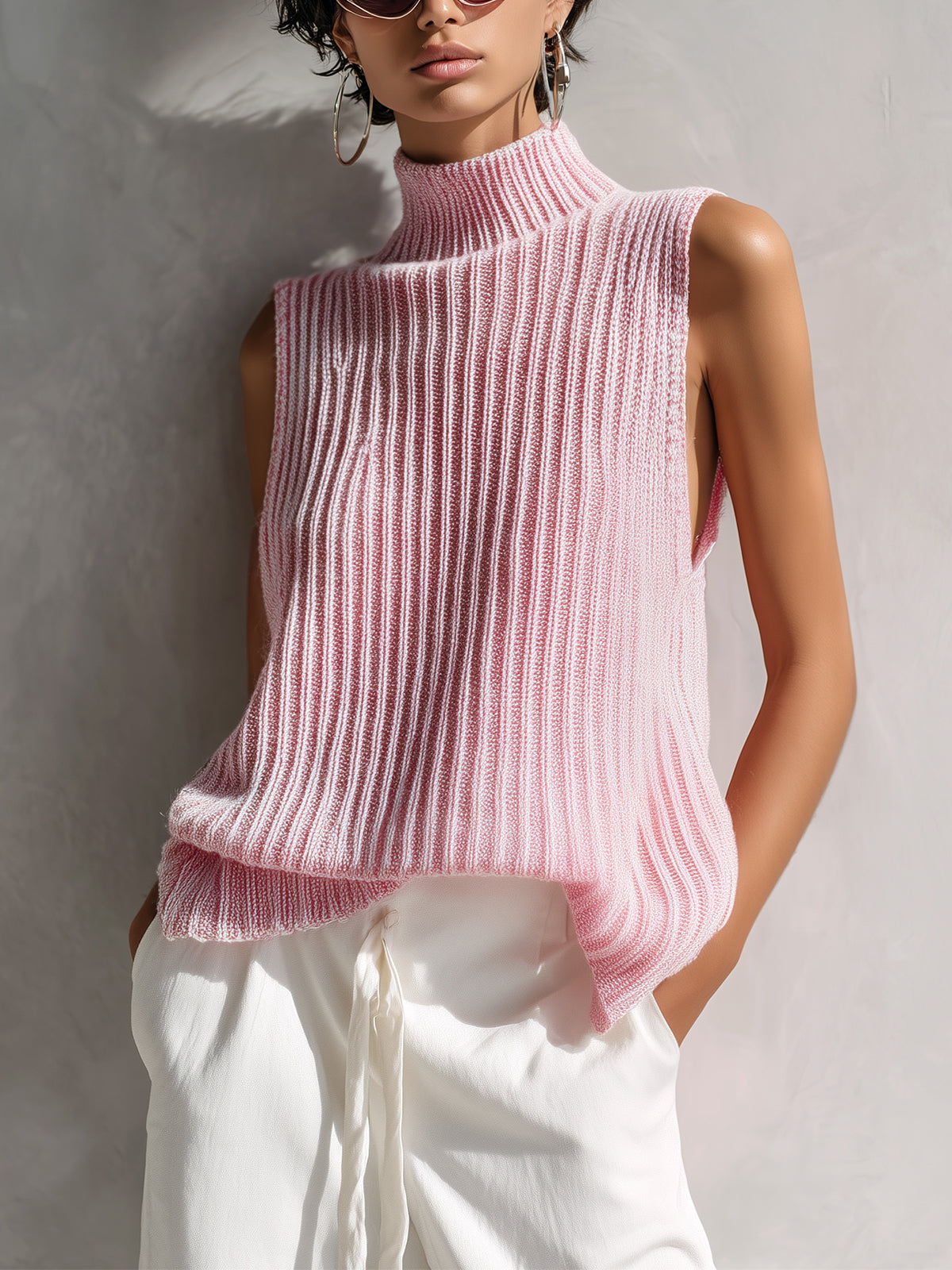 ElevenOra Chic Elegant Pink Mock Neck Sleeveless Loose-Fit Ribbed Knit Vest Top
