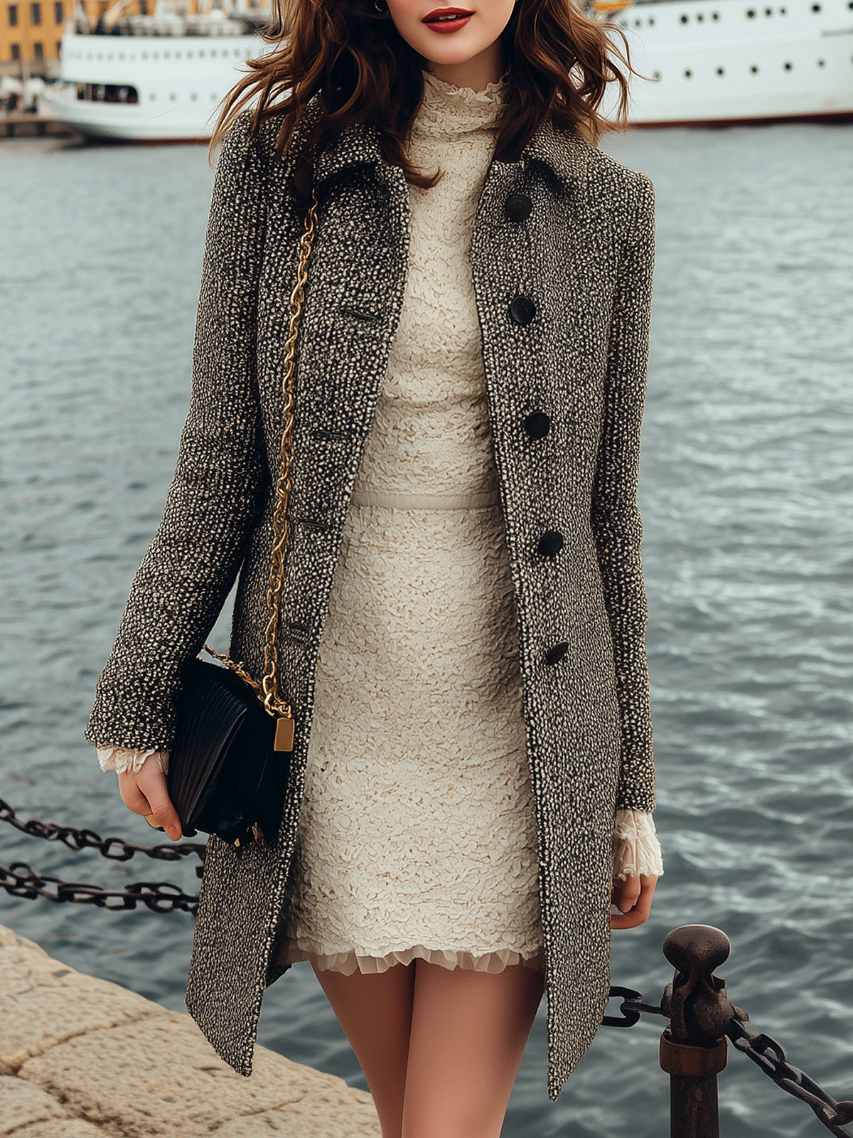 ElevenOra Vintage Tweed Peter Pan Collar Single-breasted Straight Mid-Length Coat