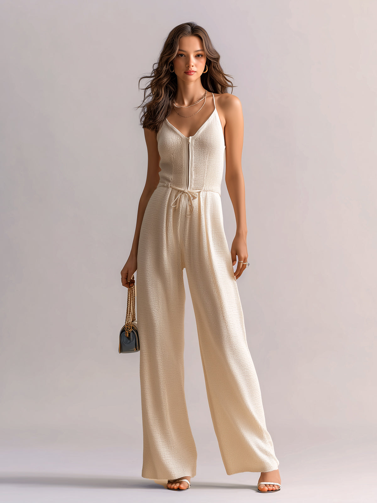 ElevenOra Chic Elegant Beige V-Neck Zipper-Front Sleeveless Cami Drawstring Waist Wide-Leg Knit Jumpsuit