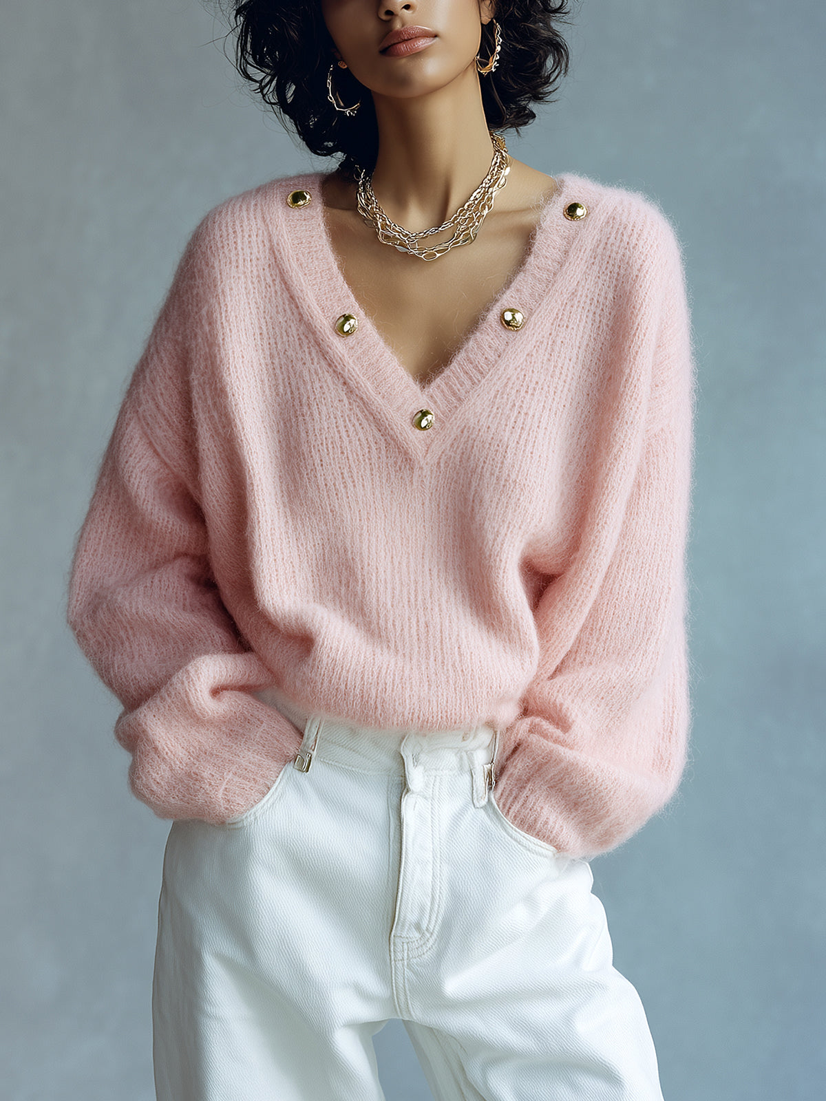 ElevenOra Chic Vintage Light Pink V-Neck Gold Button Details Long Sleeve Loose-Fit Fuzzy Knit Sweater Top