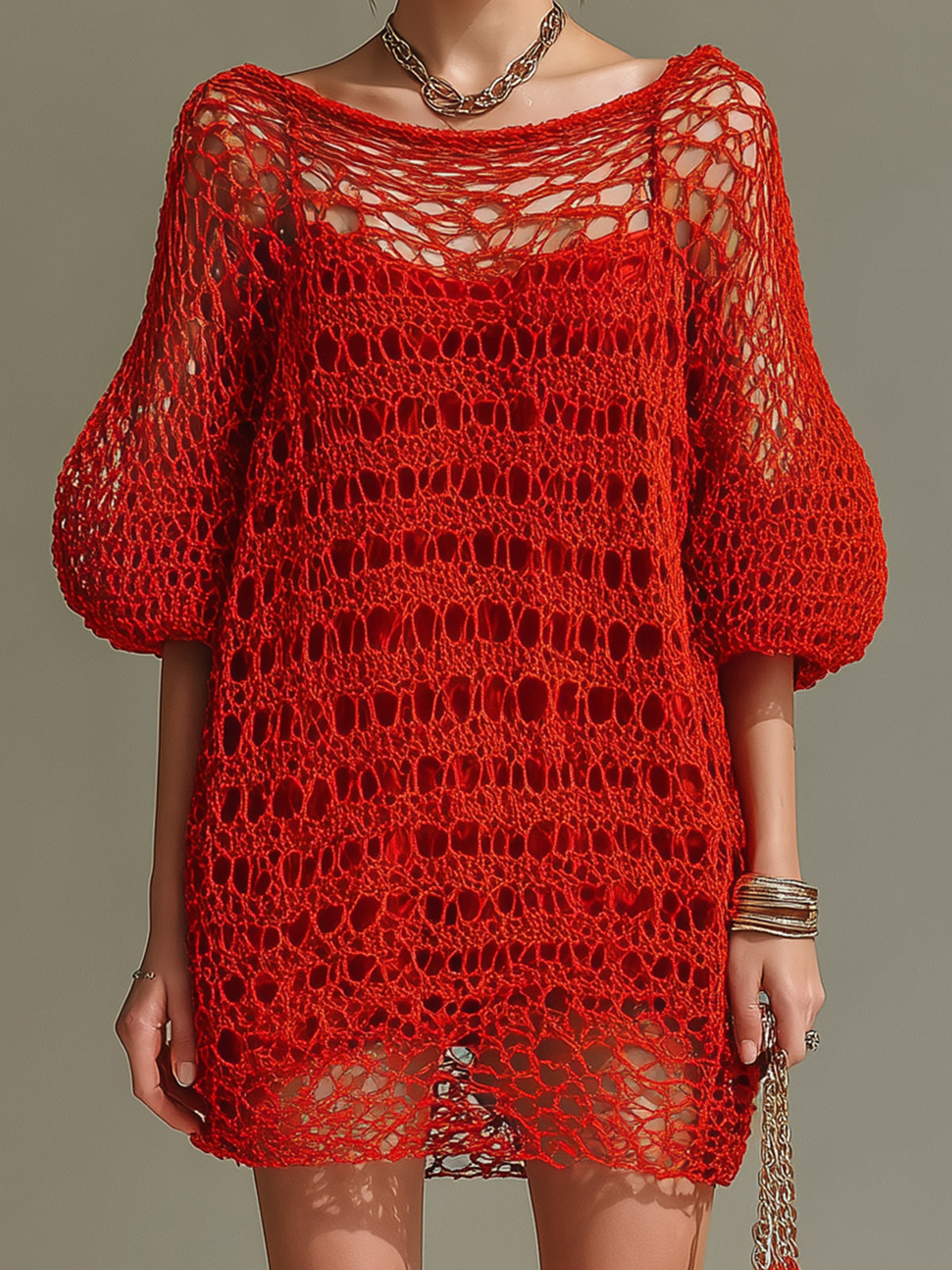 ElevenOra Chic Elegant Red Boat Neck Half Lantern Sleeve Loose-Fit Hollow Knit Mini Dress (Inner Slip Dress Included)