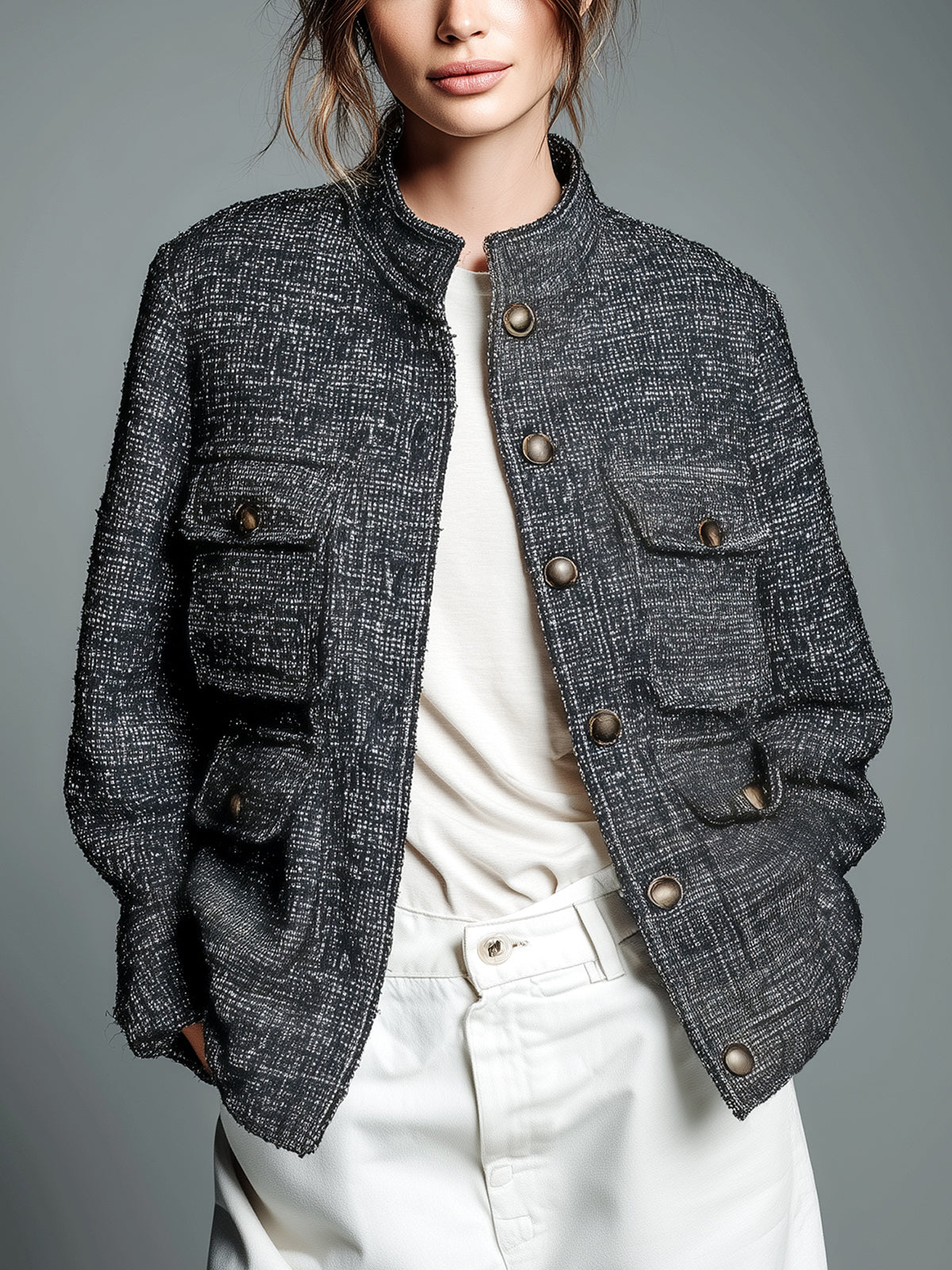 ElevenOra Chic Vintage Black Tweed Stand Collar Single-breasted Multi-pocket Loose Work Jacket