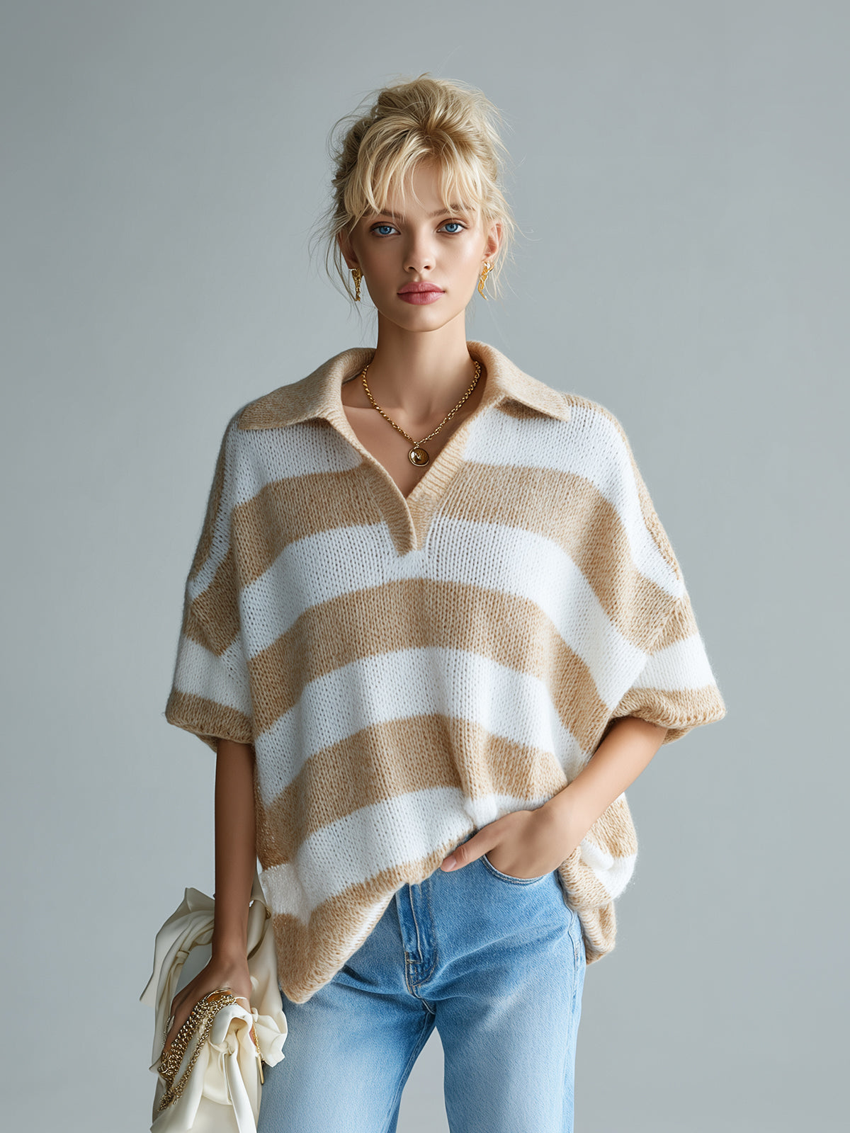 ElevenOra Chic Elegant Camel White Stripes Lapel V-Neck Short-Sleeve Oversize Knit Sweater Top
