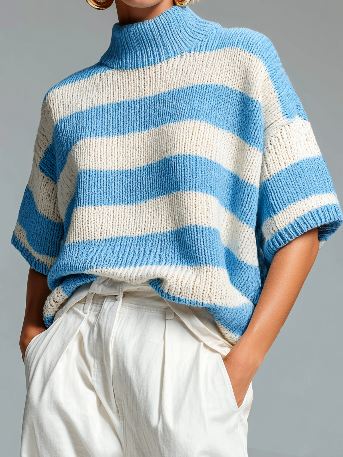 ElevenOra Fashion Casual Blue -White Striped High-Neck Short-Sleeve Knit Sweater Top