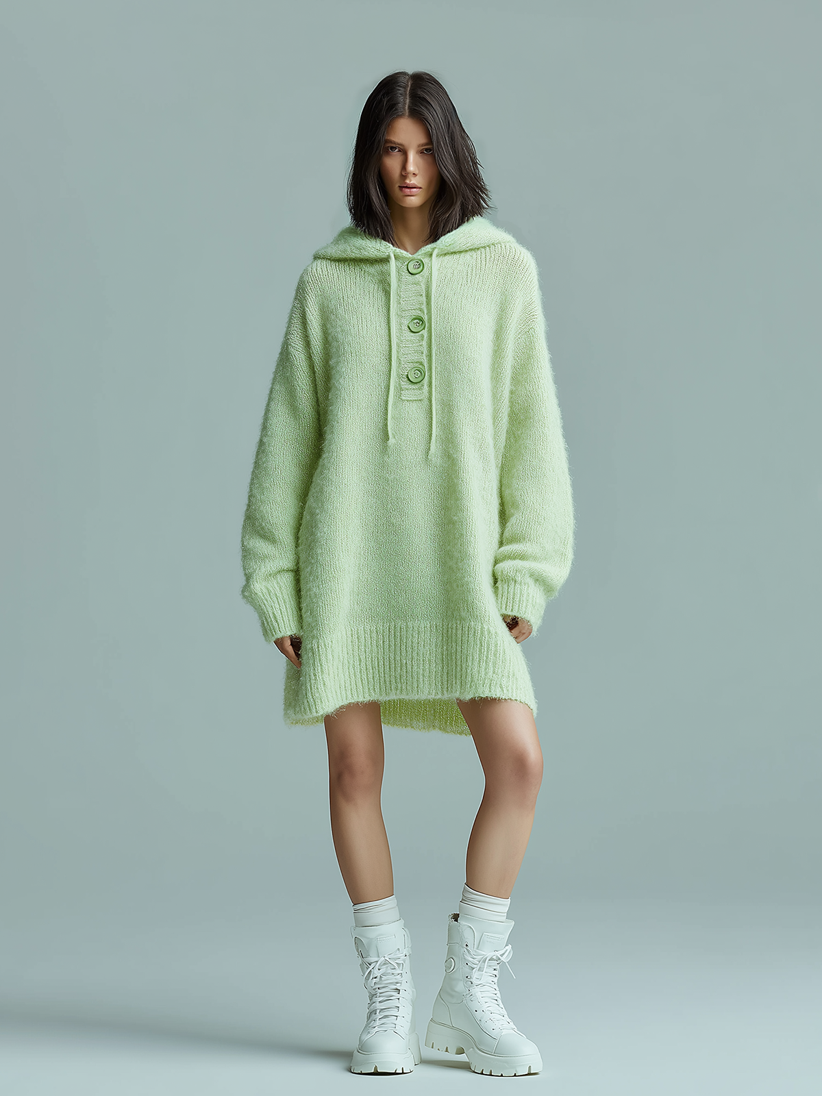 ElevenOra Chic Casual Light Green Hooded Drawstring Botton Oversized Long Sleeve Knit Mini Dress