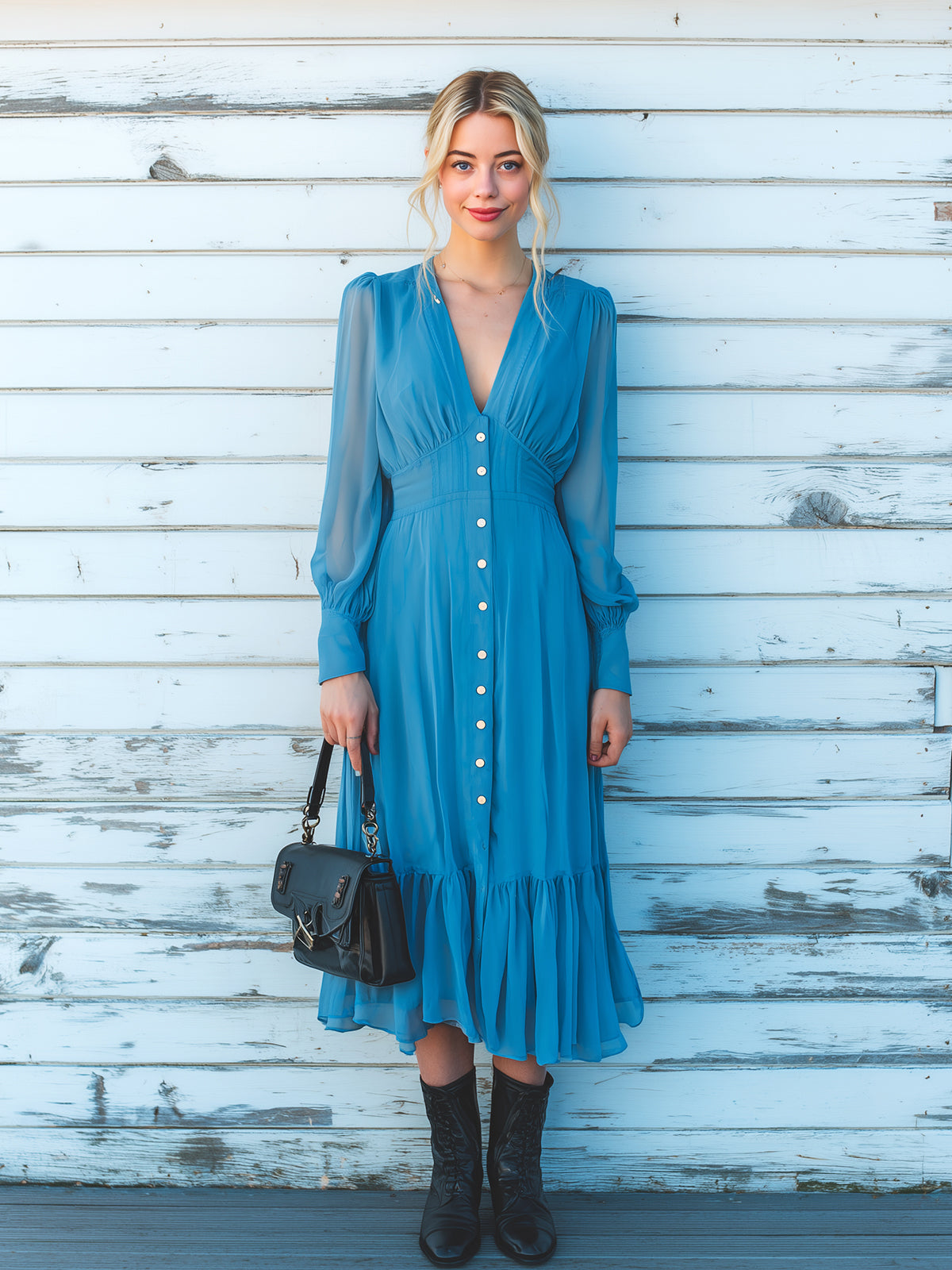 ElevenOra Chic Vintage Dark Blue Chiffon V-neck Single-breasted Long Sleeve Ruffled Hem Loose Fit Midi Dress