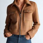 ElevenOra Casual Camel Wool Blend Lapel Zip-Up Double Pocket Short Sophisticated Jacket