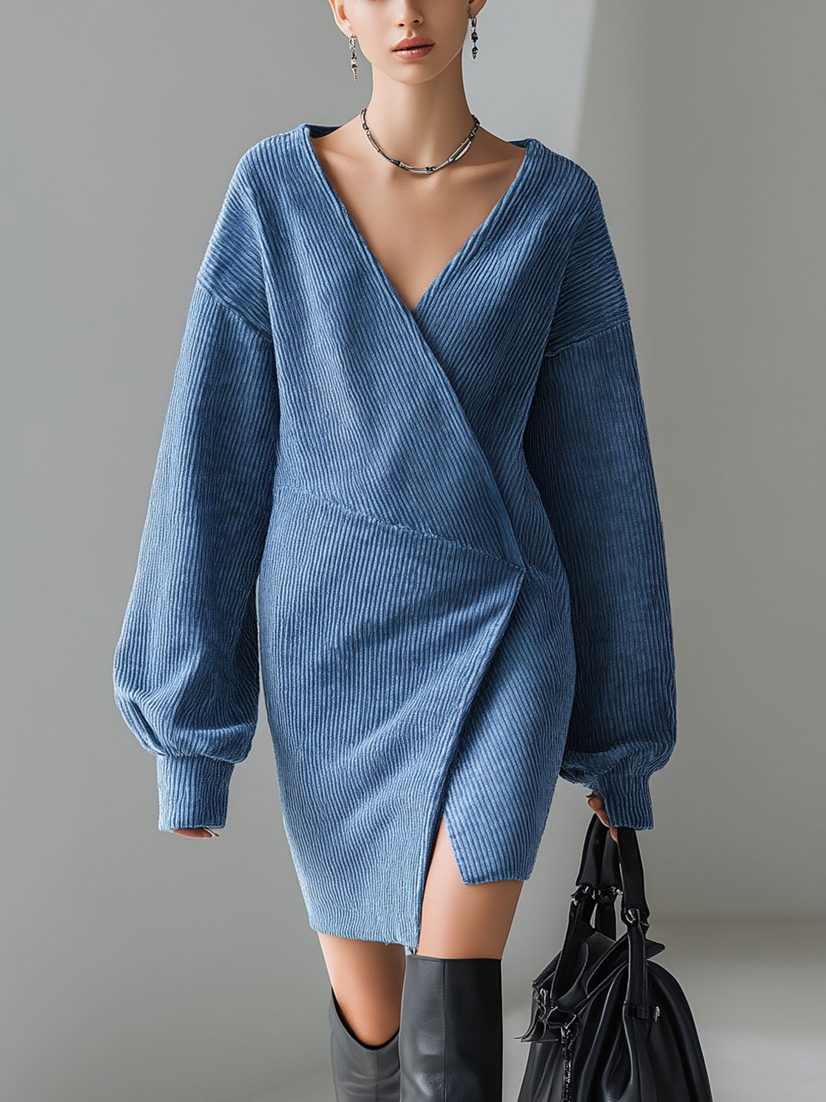 ElevenOra Chic Vintage Dark Blue Corduroy V-neck Asymmetrical Front Long Lantern Sleeve Loose Fit Mini Dress