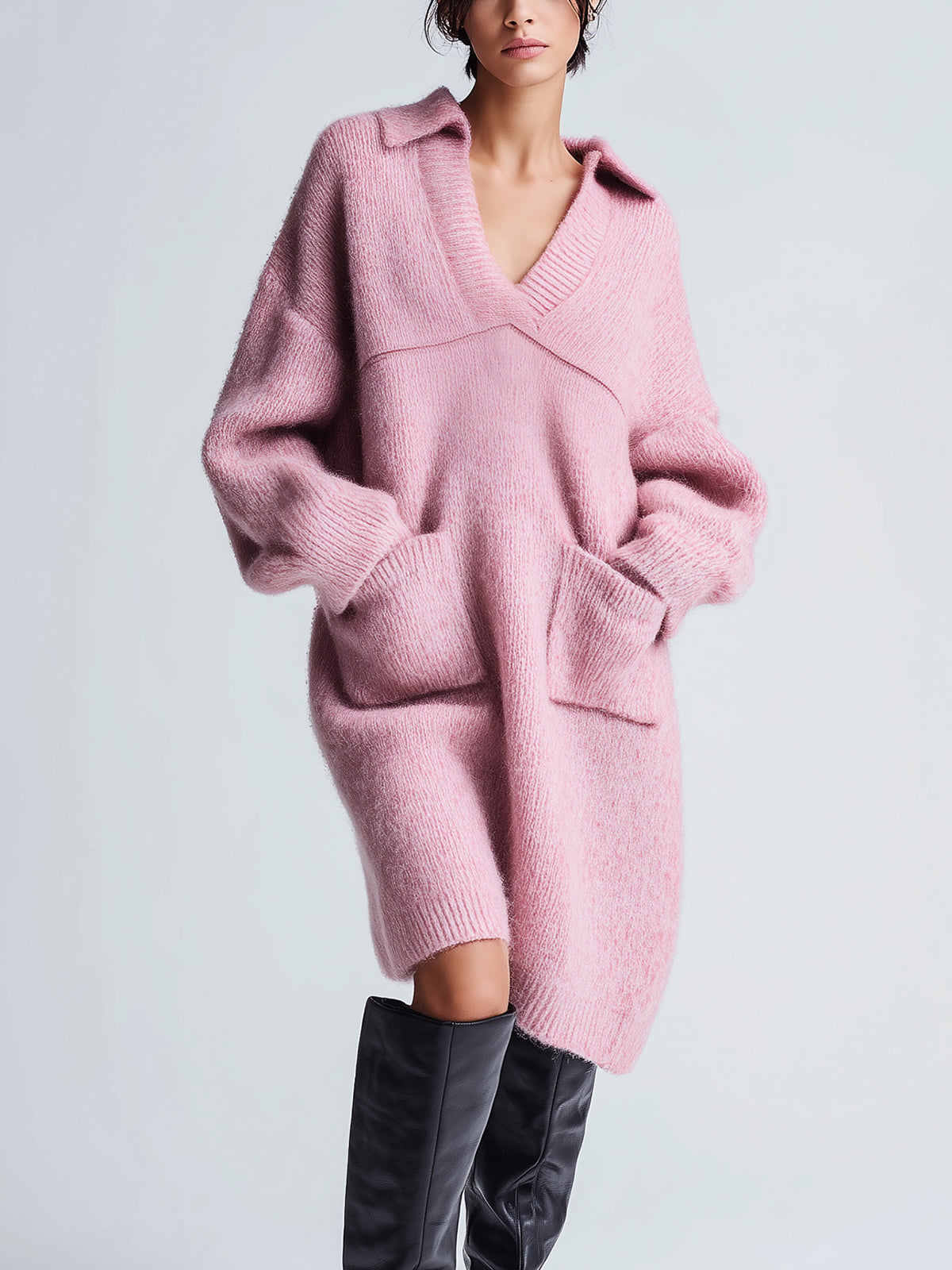 ElevenOra Chic Vintage Pink Lapel V-Neck Long Sleeve Patch Pocket Oversized Knit Midi Dress