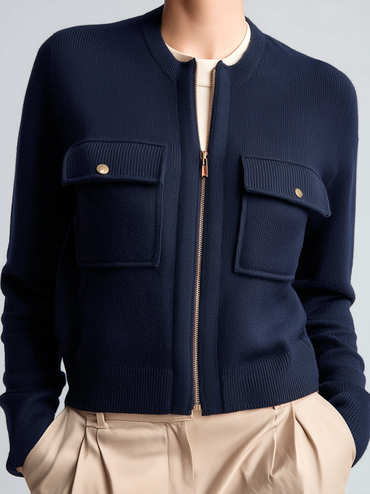 ElevenOra Casual Navy Blue Crew Neck Zip-Up Double Pocket Zipper-Front Cropped Sophisticated Knit Cardigan