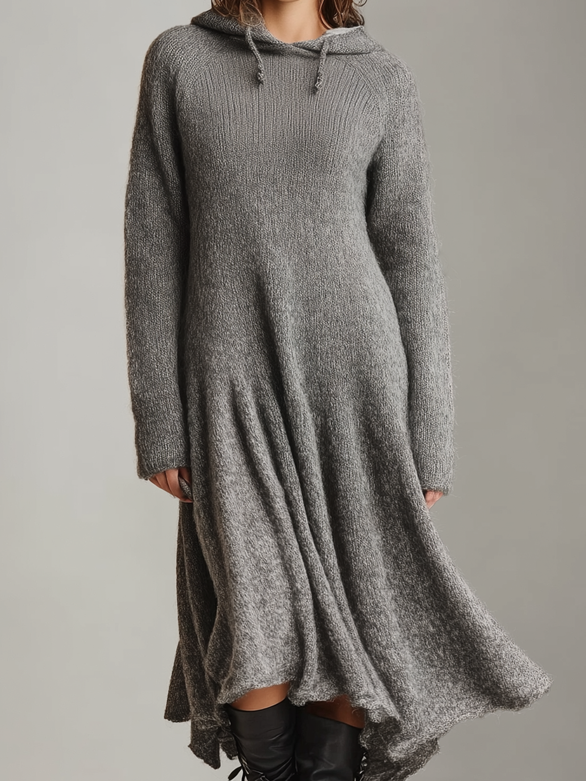 ElevenOra Chic Elegant Gray Cowl Hoodie Long Sleeve Slim Fit Flared Hem Knit Maxi Dress