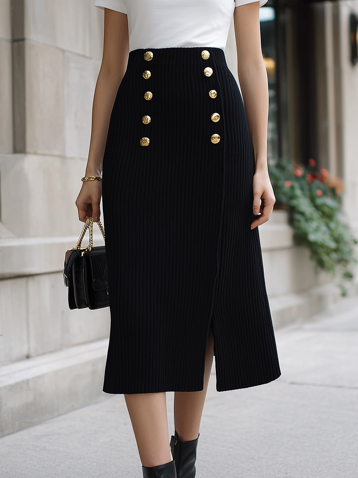 ElevenOra Chic Elegant Black High Waist Gold Button Details Slit A-Line Ribbed Knit Midi Skirt
