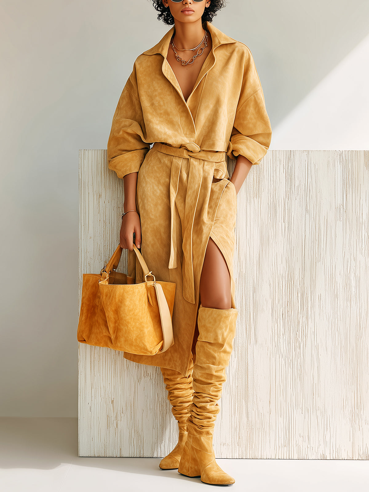 ElevenOra Chic Vintage Khaki Faux Suede Lapel V-Neck Long Sleeve Oversize Belted Side Slit Midi Dress