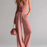 ElevenOra Chic Casual Red-White Stripes V-Neck Zipper-Front Sleeveless Tailored Waist Wide-Leg Knit Jumpsuit
