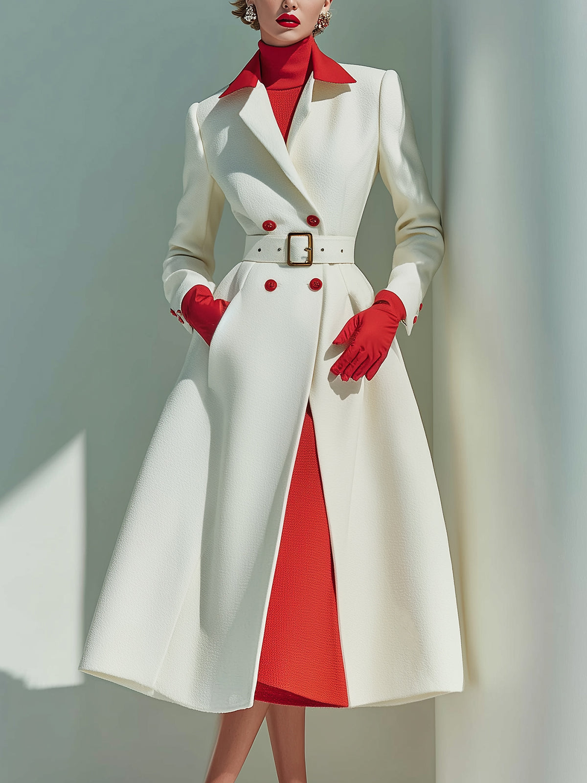 ElevenOra Vintage Elegant Colorblock Wool Blend Lapel Double-Breasted Tailored Waist Belted Maxi Dress Coat