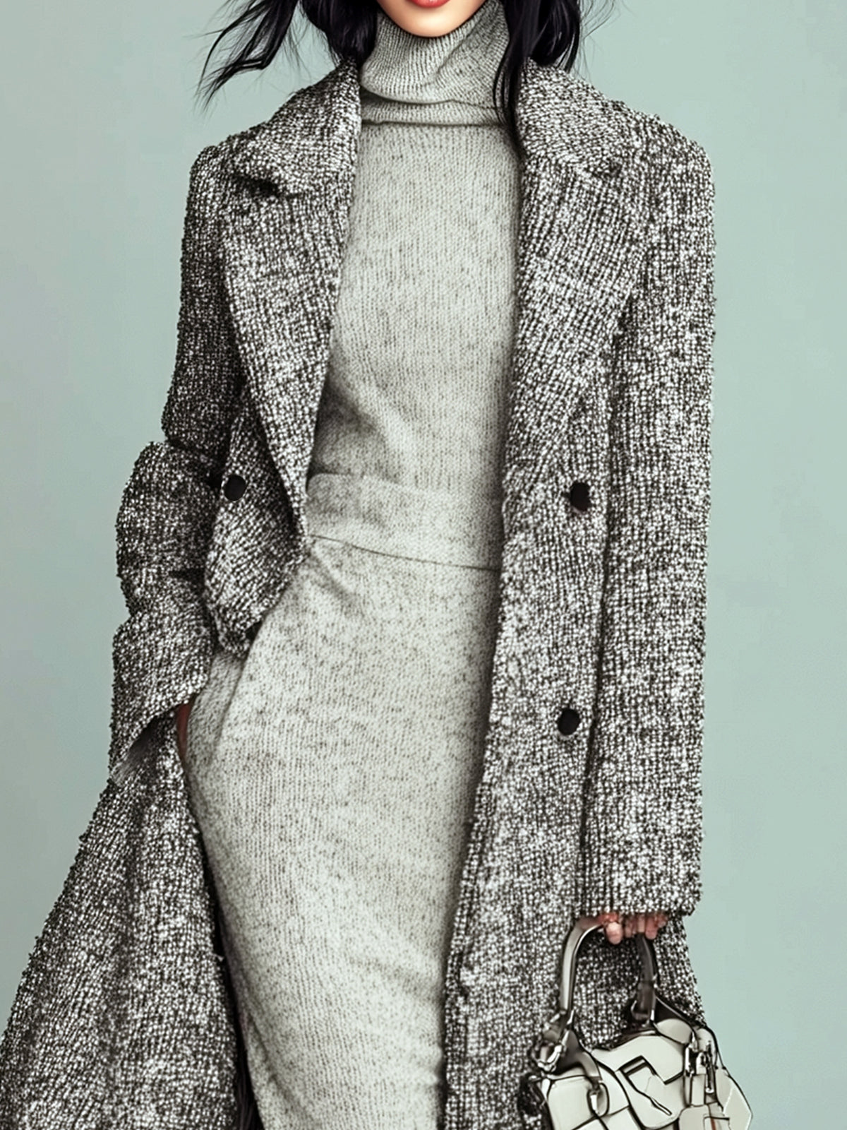 ElevenOra Stylish Gray Tweed Notch Lapel Double-breasted Loose Long Coat