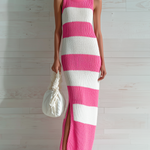 ElevenOra Chic Elegant White-Pink Striped Round Neck Sleeveless Slim Fit Side-Slit Ribbed Knit Maxi Dress