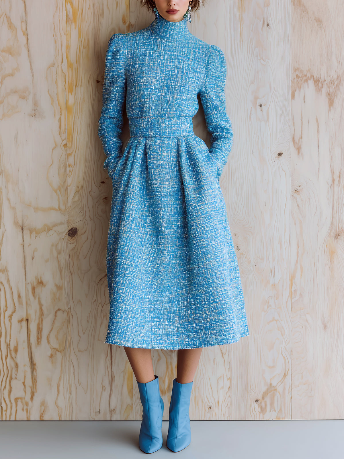 ElevenOra Chic Vintage Blue Tweed Turtleneck Puff Sleeve Tailored Waist Flared Midi Dress