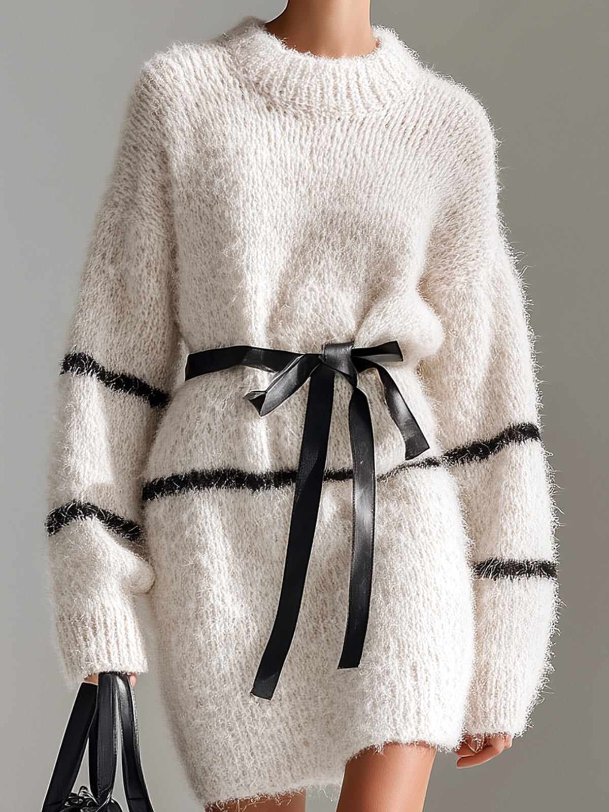 ElevenOra Chic Casual Cream White Striped Round Neck Long Sleeve Belted Oversized Fuzzy Knit Mini Dress