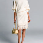 ElevenOra Chic Elegant Cream White Mock Neck Short-Sleeve Slim-Fit Sweater Bodycon Lace Details Midi Skirt Ribbed Knit Two-Piece Set