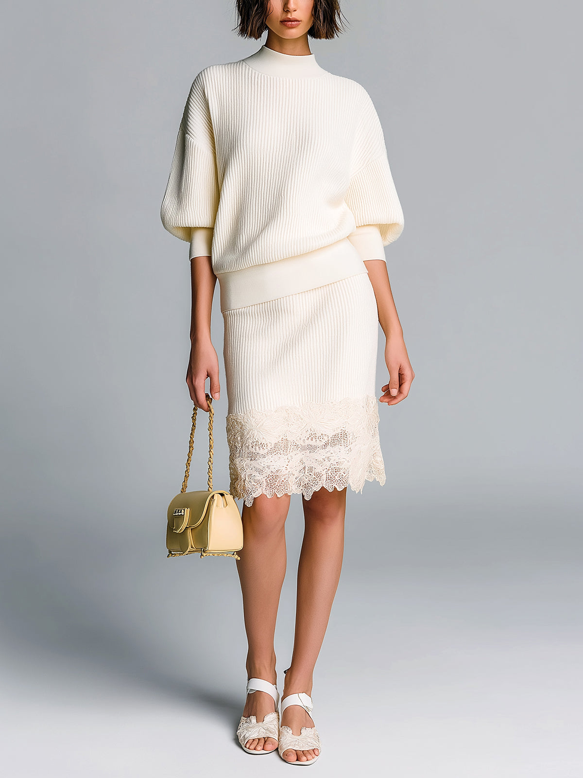 ElevenOra Chic Elegant Cream White Mock Neck Short-Sleeve Slim-Fit Sweater Bodycon Lace Details Midi Skirt Ribbed Knit Two-Piece Set